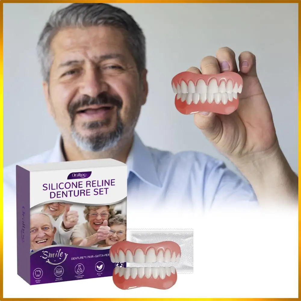 Juego de dentadura de liberación de silicona, revestimientos de silicona para dentadura, Kit de dentadura suave de alta elasticidad, juego superior e inferior de dientes para hombres y mujeres