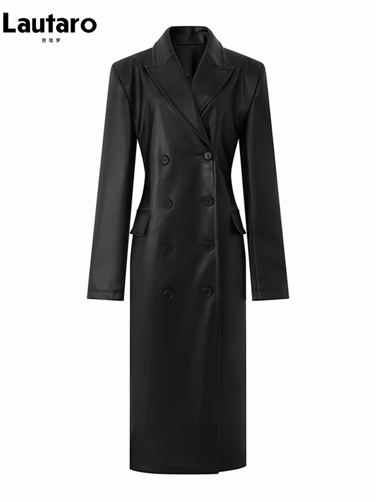 Lautaro-女性用の溝付きレザーコート,フィット,ソフト,PU,パッド付きショルダーストラップ,高級デザイナーウェア,春秋,2023