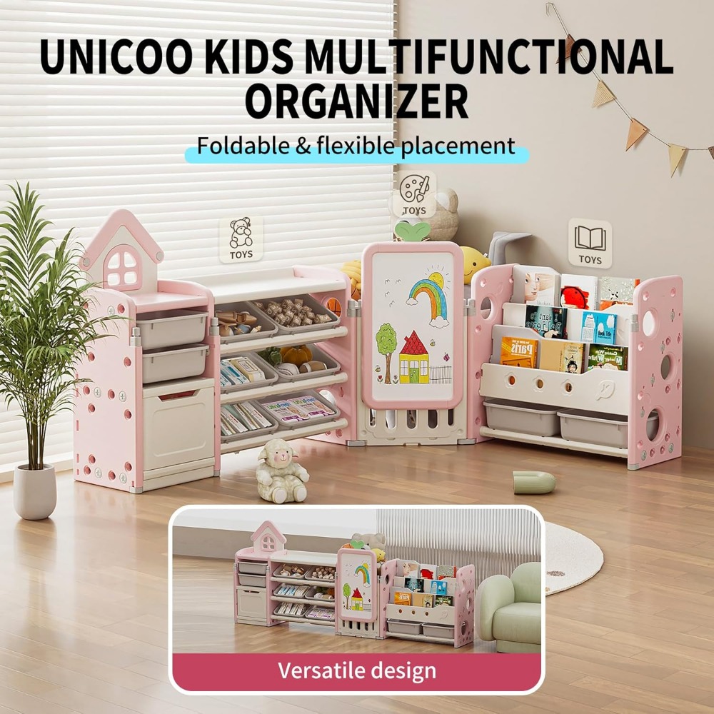 Kids Multifunctional Toy Storage Organizer with 3-Tier Bookshelf, Storage Rack & Drawing Board, Flexible L Shaped Organizer