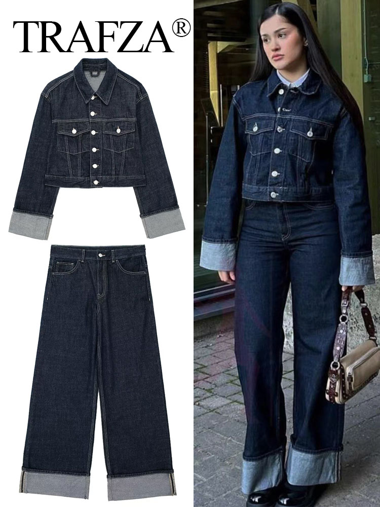 Trafza feminino vintage denim jaqueta calça define único breasted lapela manga longa casaco calças de perna larga jeans roupas de rua alta