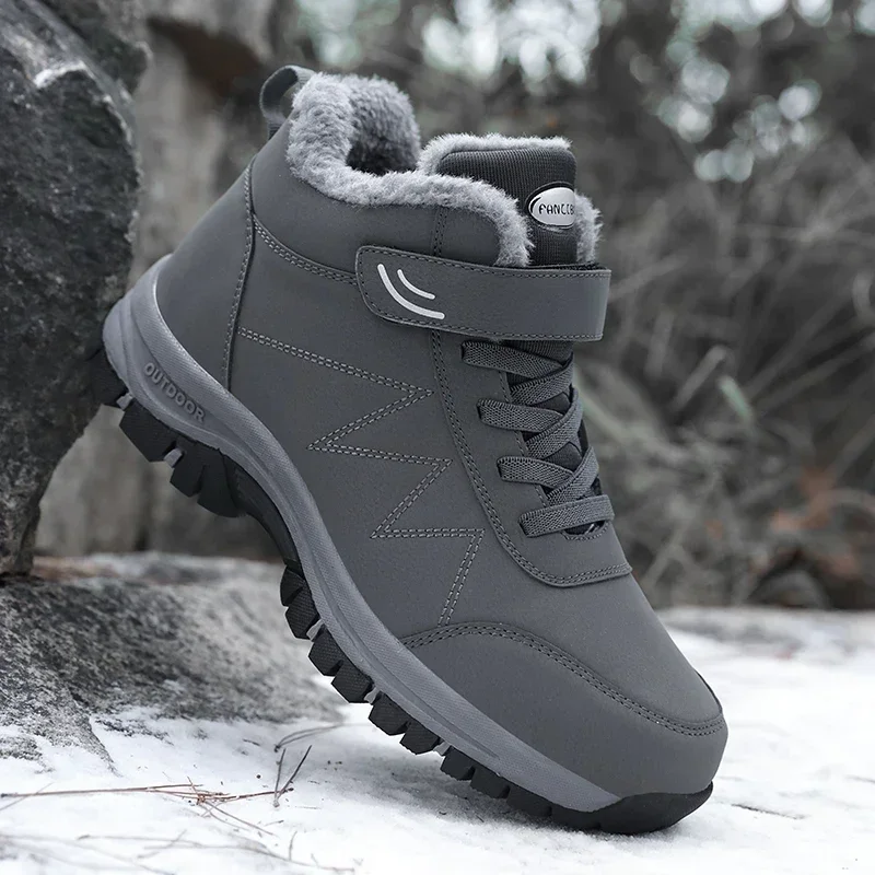 Warme Schneestiefel für Herren, Outdoor-Leder, dicker Plüsch, Winter-Herren-Freizeitsportschuhe, wasserdicht und langlebig, trendiger Sport