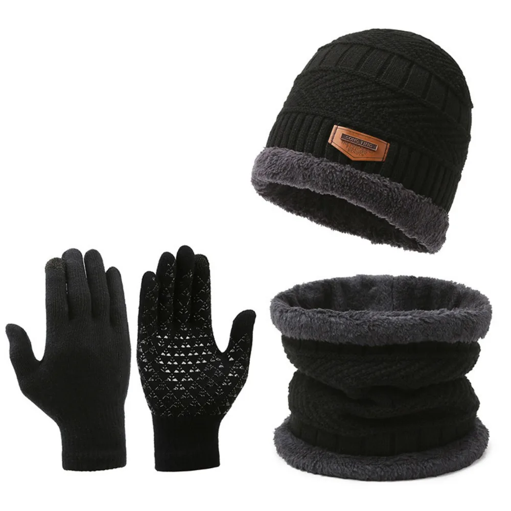 Modisches Strickmütze-Schal-Handschuh-Set, verdickter, winddichter Gehörschutz, Beanie-Mütze und Halstuch für Herren und Damen