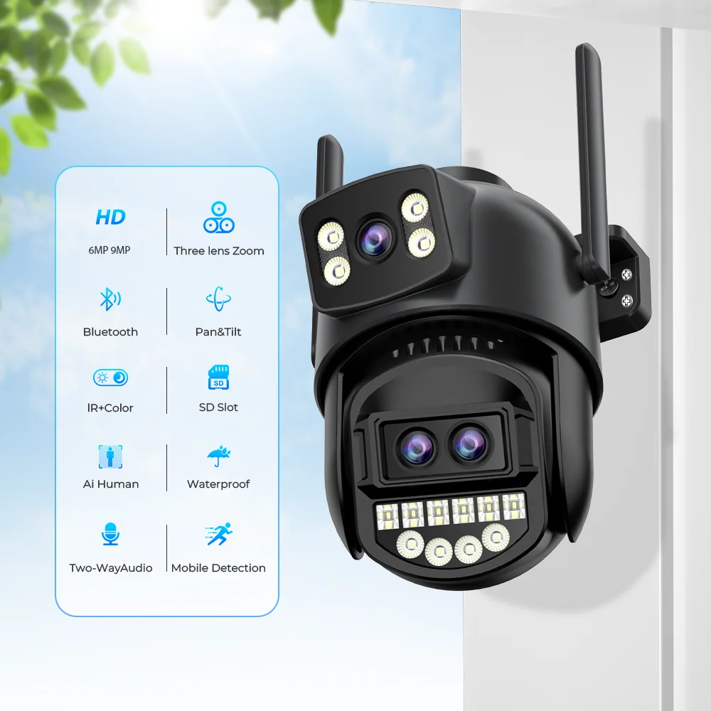BESDER-cámara Wifi de pantalla Dual de 9MP, PTZ, Zoom Digital 8X, visión nocturna en Color, protección de seguridad exterior, cámara IP CCTV de 8MP iCSee