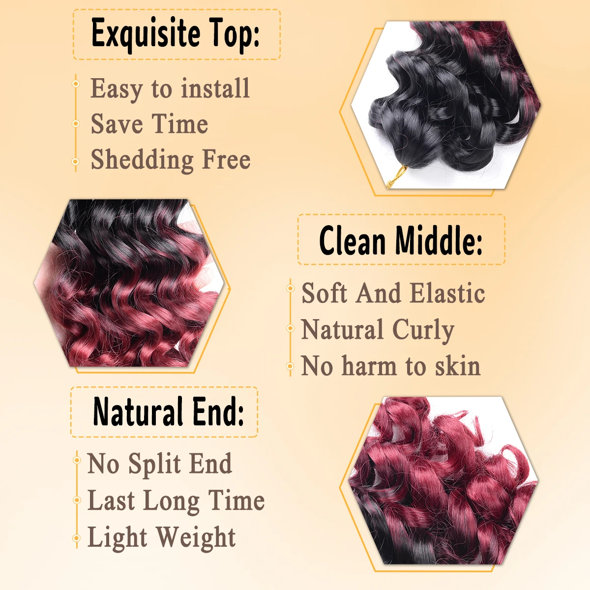 Extensões onduladas profundas sintéticas do cabelo, torção Crochet o cabelo, cachos franceses, fibra de alta temperatura, 12"