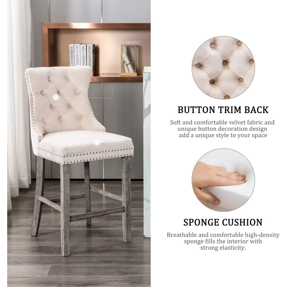 Counter Height Bar Chairs Set of 4, 27" Modern Velvet Bar Stools with Button Decor, Nailhead Trim, Solid Wooden Lege