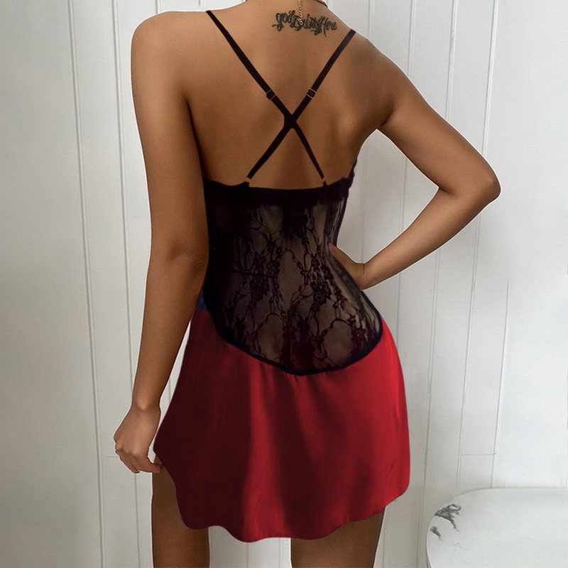 Camisola sexy de renda sem costas feminina, lingerie chique, vestidos com gola baixa, cor pura, vestidos caseiros femininos, vestidos de noite