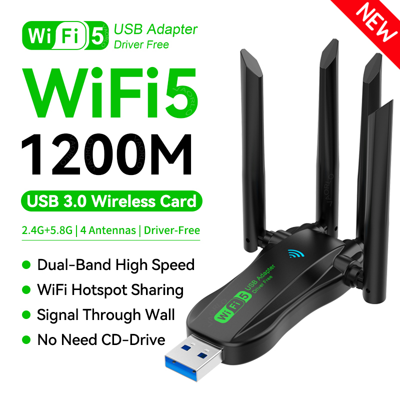 Adaptador USB WiFi de doble banda de 1200Mbps, Dongle Wi-Fi5 de 2,4G/5,8 Ghz, 4 antenas, receptor inalámbrico USB 3,0 para PC/portátil, sin controlador de CD gratis