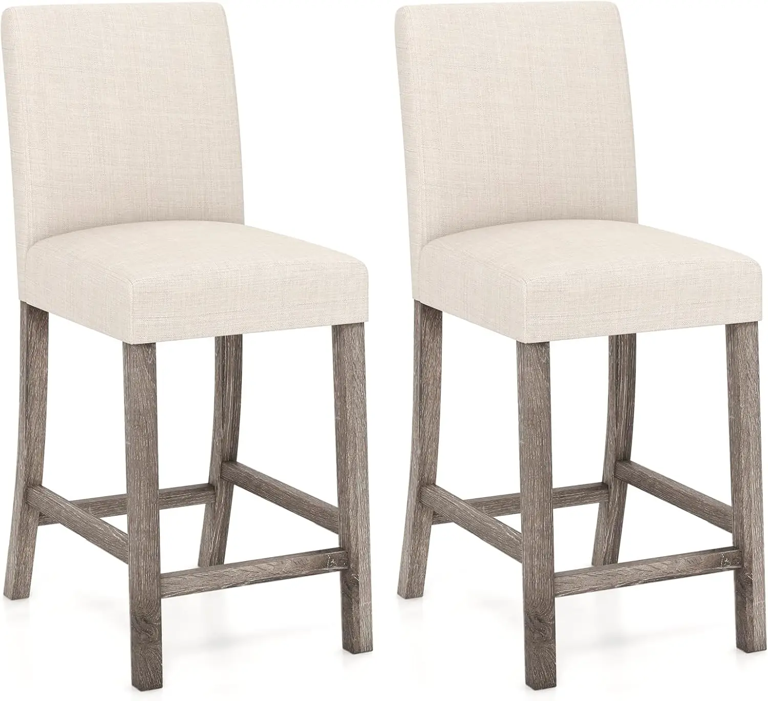 Bar Stools Counter Height Set of 2, 24.5" Modern Fabric Bar Chairs with Back, Footrest & Solid Wood Legs, Upholstered Wo