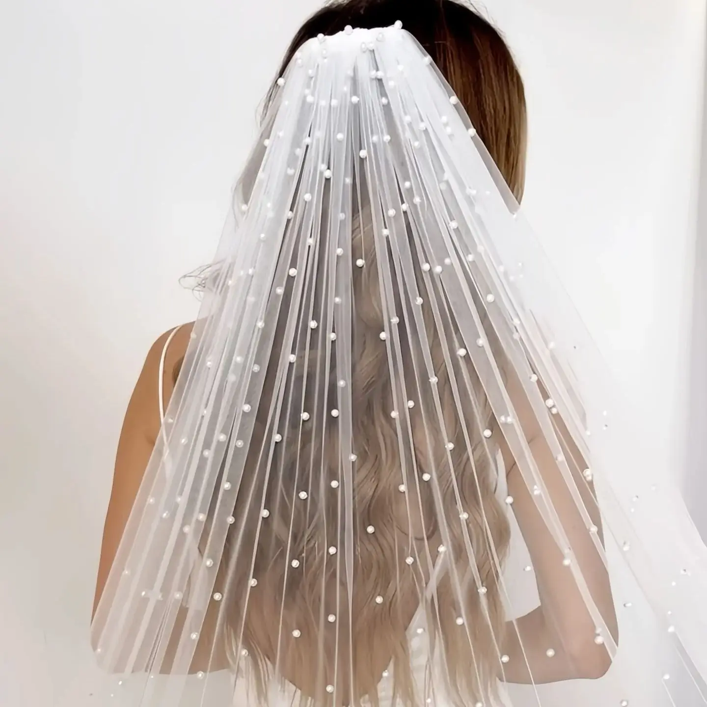 Velo de novia de perlas, velo de novia suave de 1 nivel con cuentas para novia, longitud de catedral con peine, accesorios de boda V05