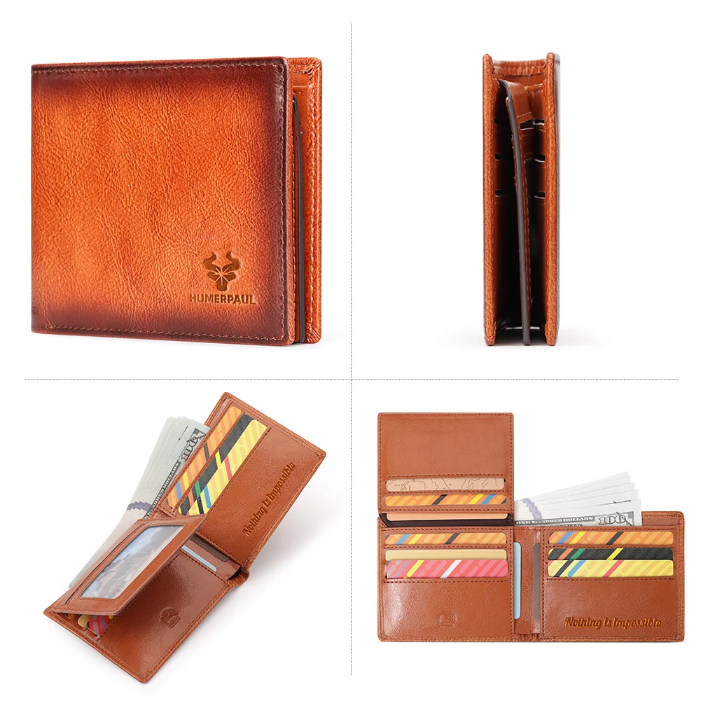 Cartera HUMERPAUL para hombre de cuero genuino con bloqueo RFID plegable elegante tarjetero con ventana de identificación monedero clásico para hombre
