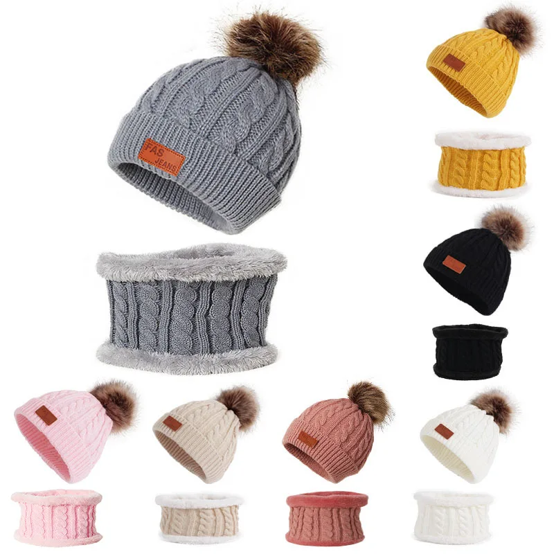 Baby Kinder Hut Schal Set Herbst Winter Gestrickte Beanie Cap Für Mädchen Jungen Ansatz Schal Hut Anzug kinder Feste maske Motorhaube Hut Warme