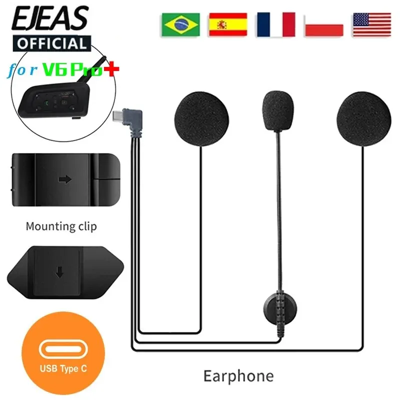 Voor EJEAS V6 PRO+ Type-C Plug Motorhelm Headset Oortelefoon met luidspreker Microfoon Optionele clip en basis