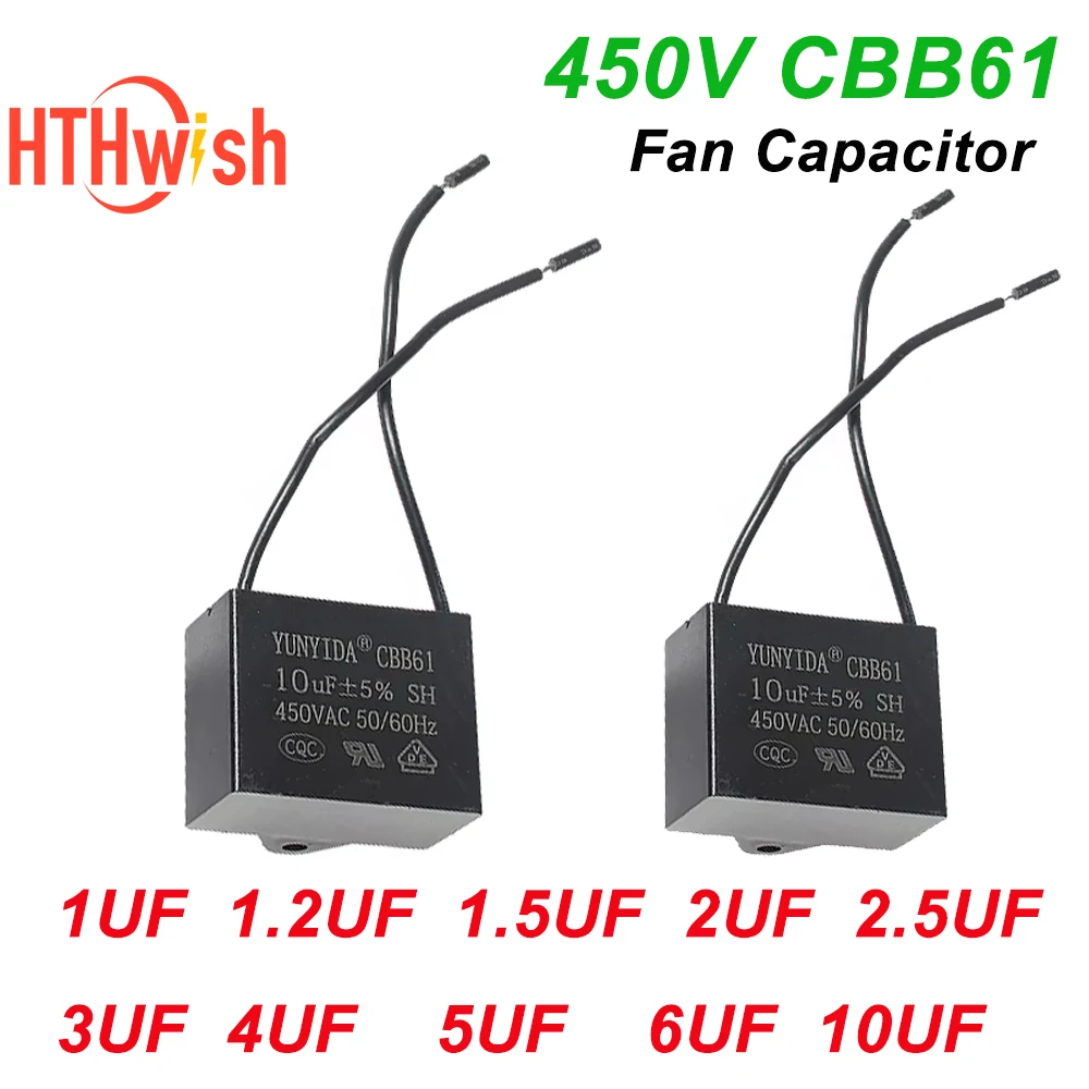 1/2 Uds CBB61 450V condensador de ventilador de alta calidad 5% 1UF 1,2 UF 1,5 UF 2UF 2,5 UF 3 UF 4 UF 5 UF 6 UF 10 UF para ventiladores de techo