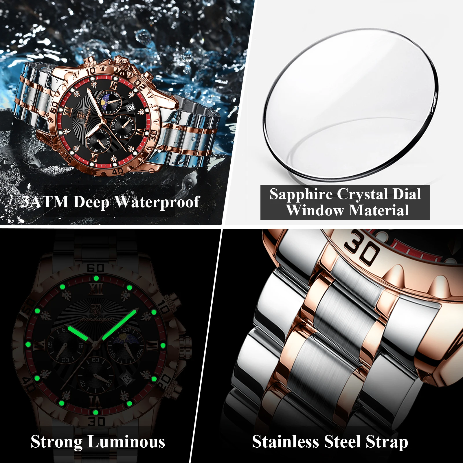 Reloj militar de lujo POEDAGAR para hombre, cronógrafo luminoso resistente al agua con fecha, reloj de pulsera para hombre, relojes de cuarzo de acero inoxidable para hombre