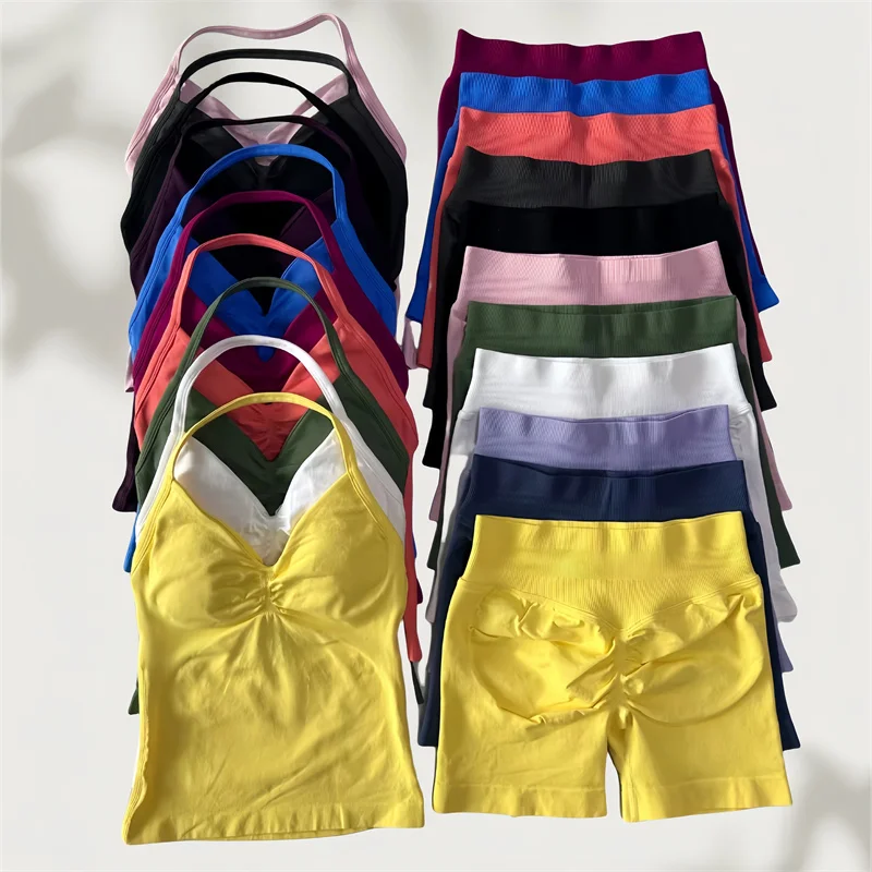 2 Stuks Impact Gym Set Vrouwen Backless Tank Tops Hoge Taille Scrunch Naadloze Shorts Gympak Fitness Kleding Activewear Workout sets