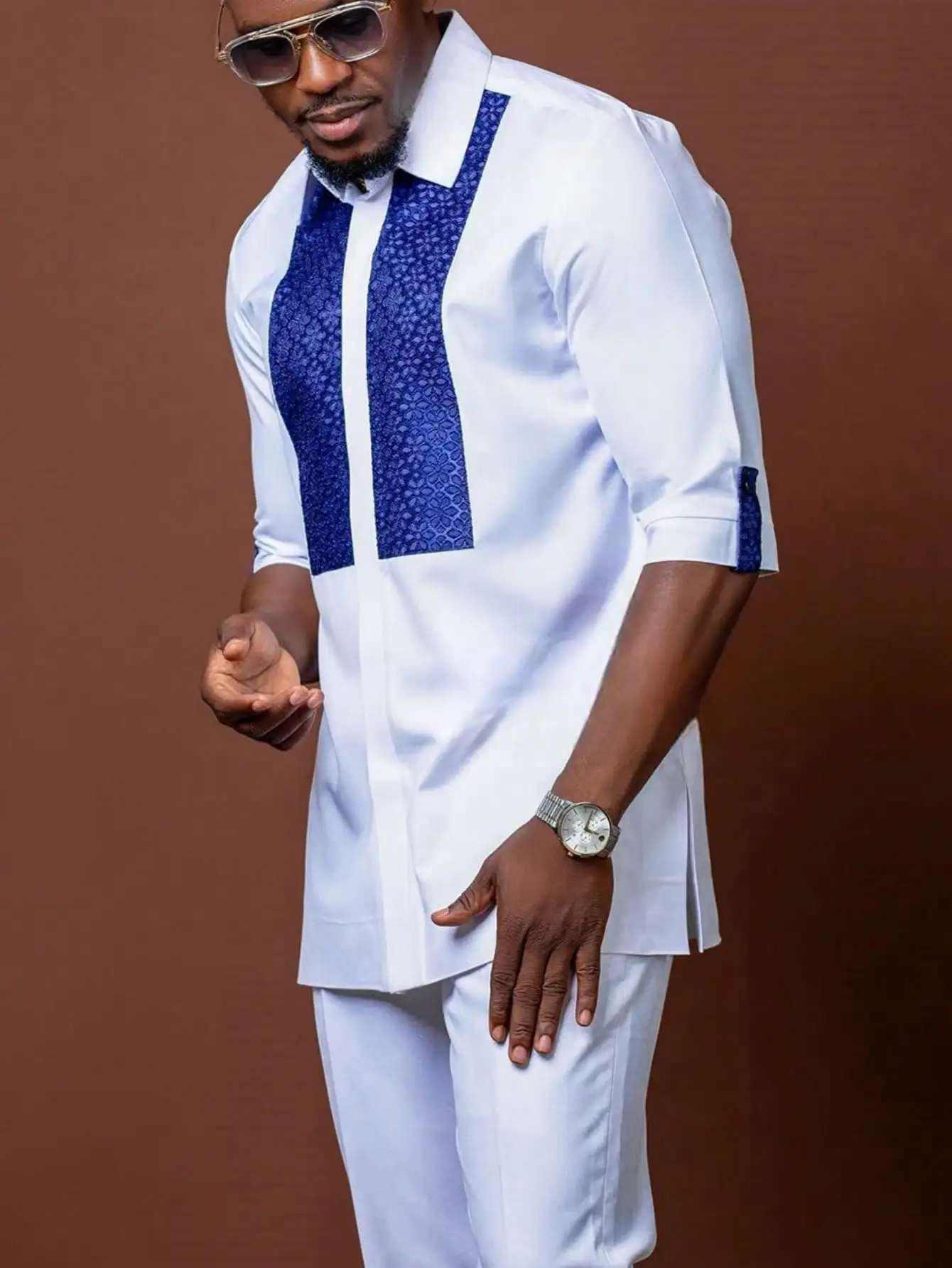 Traje tradicional africano para hombre, Camisa estampada, Top con cintura elástica, pantalones blancos para boda, conjunto de 2 piezas, trajes de estilo étnico