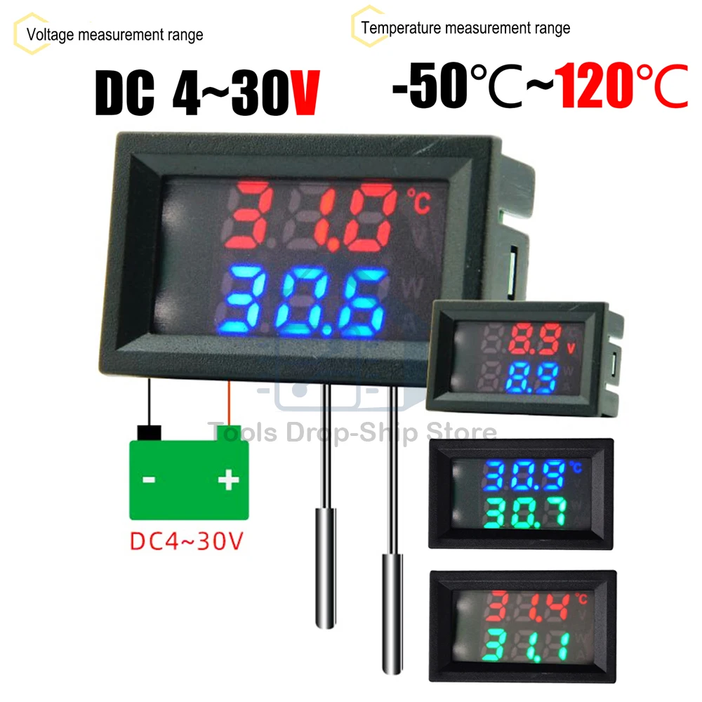 DC4-30V 100Cm Kỹ Thuật Số DC Đơn Vôn Kế Và Nhiệt Kế Cảm Biến Nhiệt Độ Báo Với NTC 10K 3950 Đầu Dò Nhiệt Độ Máy đồng Hồ Đo