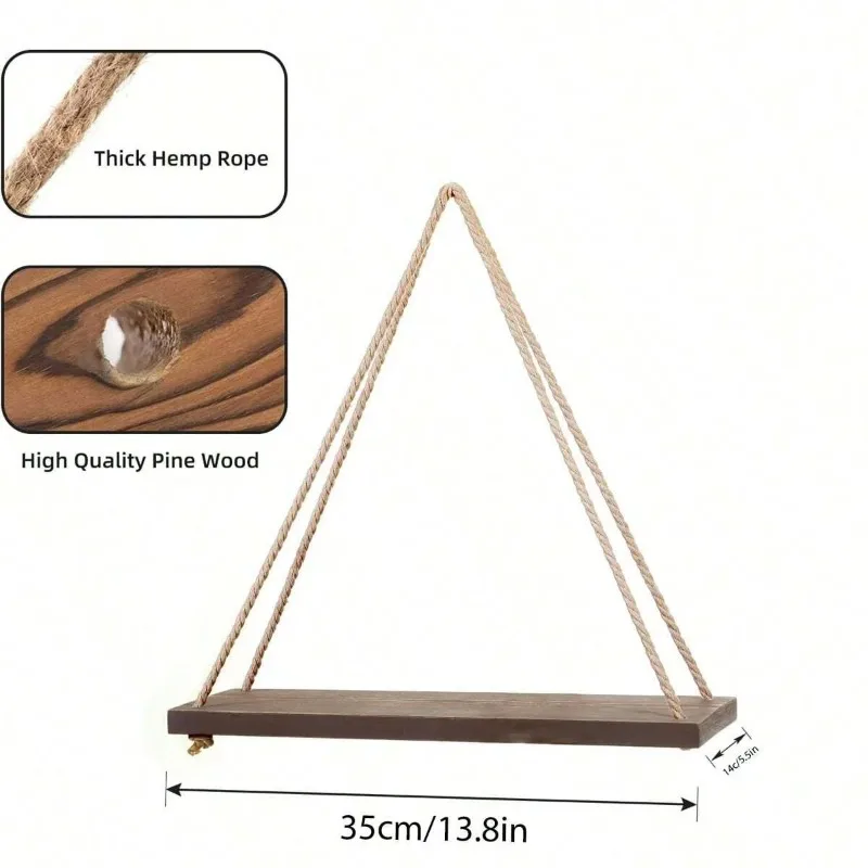 1PC ไม้ Swing แขวนเชือกกัญชาชั้นวางติดผนังลอยห้องนั่งเล่นดอกไม้หม้อถาดเก็บตกแต่งสวน
