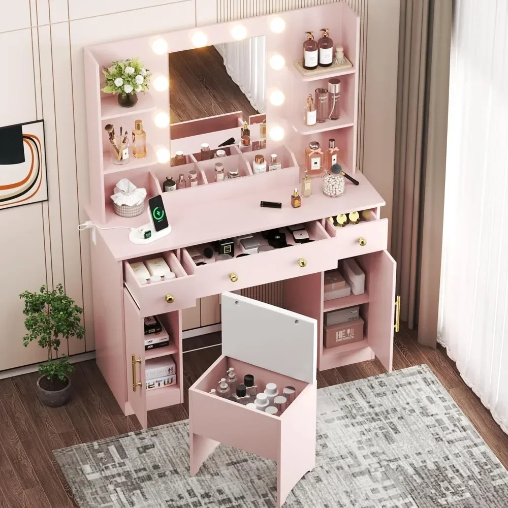 Dressing Table, Pink Dressing Table with Charging Station and Dressing Stool, 3 Drawers and Cabinet, White Makeup Mirror With