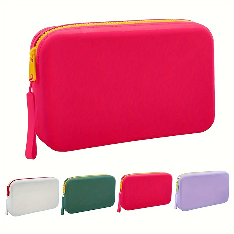 Bolsa de almacenamiento cuadrada de silicona, bolsa portátil para cosméticos y artículos de tocador de viaje, bolsa de cosméticos impermeable multifuncional con cremallera
