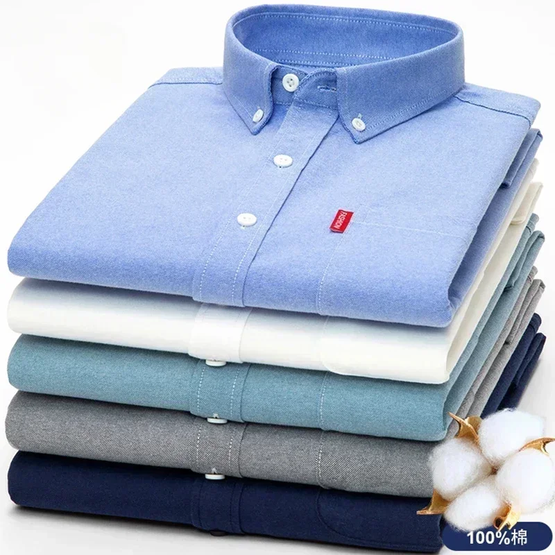 Camicia a maniche lunghe da uomo in puro cotone 100% tinta unita da uomo in cotone Casual Oxford Spun camicia da uomo di grandi dimensioni