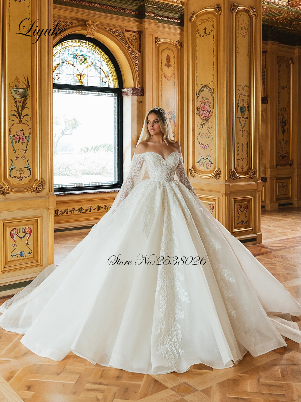 VEYUKE-Robe de mariée princesse en perles, tenue de Rh, manches longues, dentelle scintillante, pour patients
