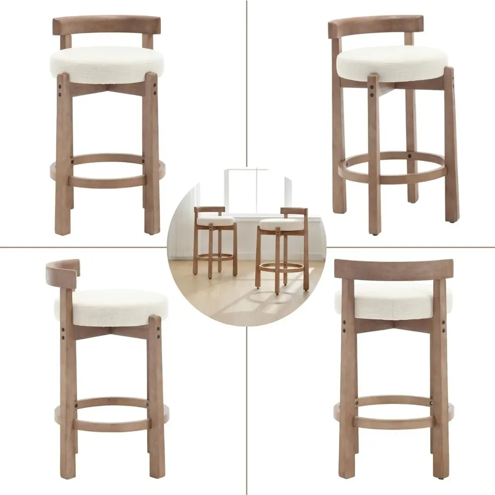 Mid-Century Bar Stools Set of 4, 26.5 Inch Linen Counter Height Upholstered Barstools Bar Chairs with Solid Wooden Legs, Beige