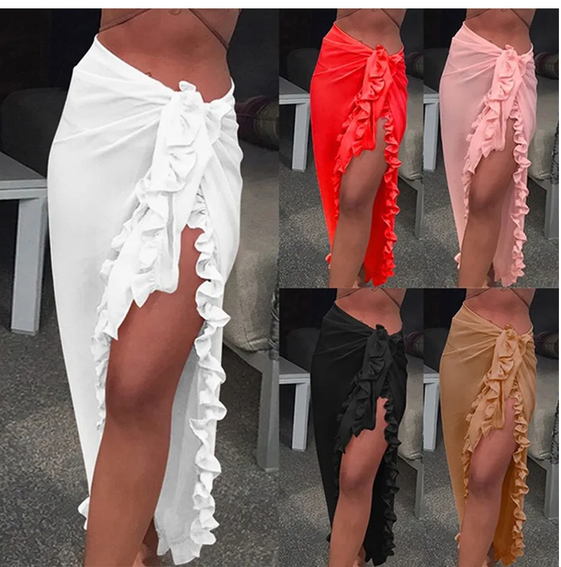 Sarong à volants pour femmes, 5 couleurs, couleur unie, jupe longue, robe de plage, Protection solaire, Cover-Up pour la natation, Monokini, été, 2024