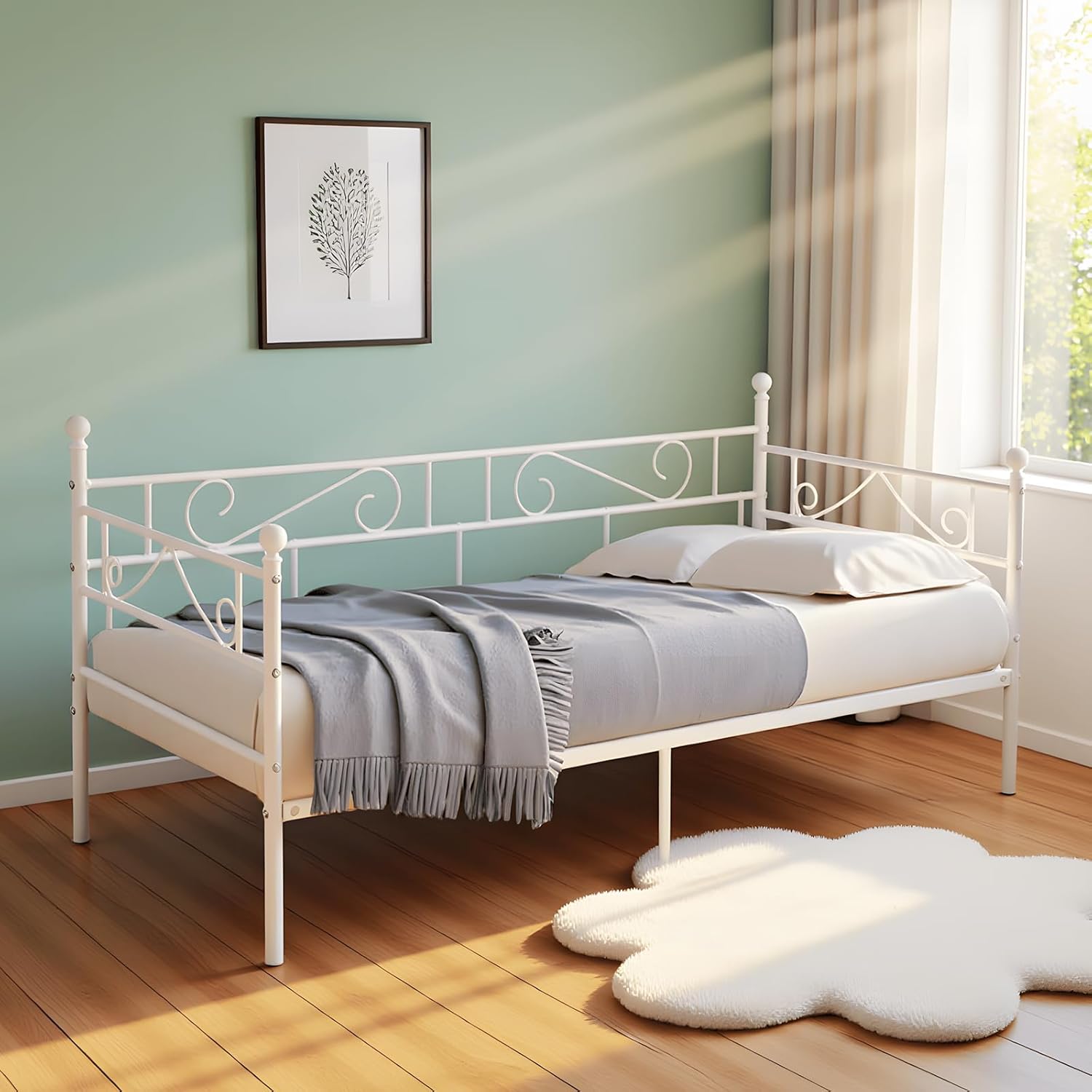 Cama Metálica Diván Cama para Dormitorio Salón Cuarto de Invitados, Marcos Adecuado para Colchón de 90*200 cm, Bl