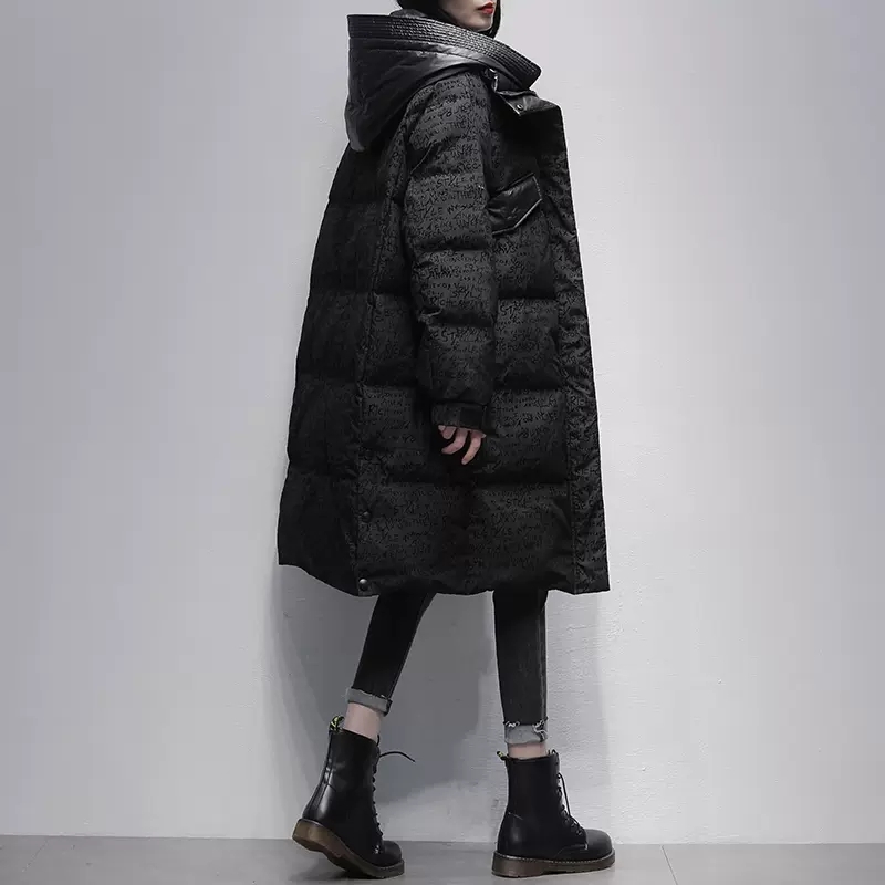 2023 mulheres inverno nova moda pato branco para baixo jaqueta feminina longa impressão com capuz outerwear senhoras solto engrossar casacos quentes