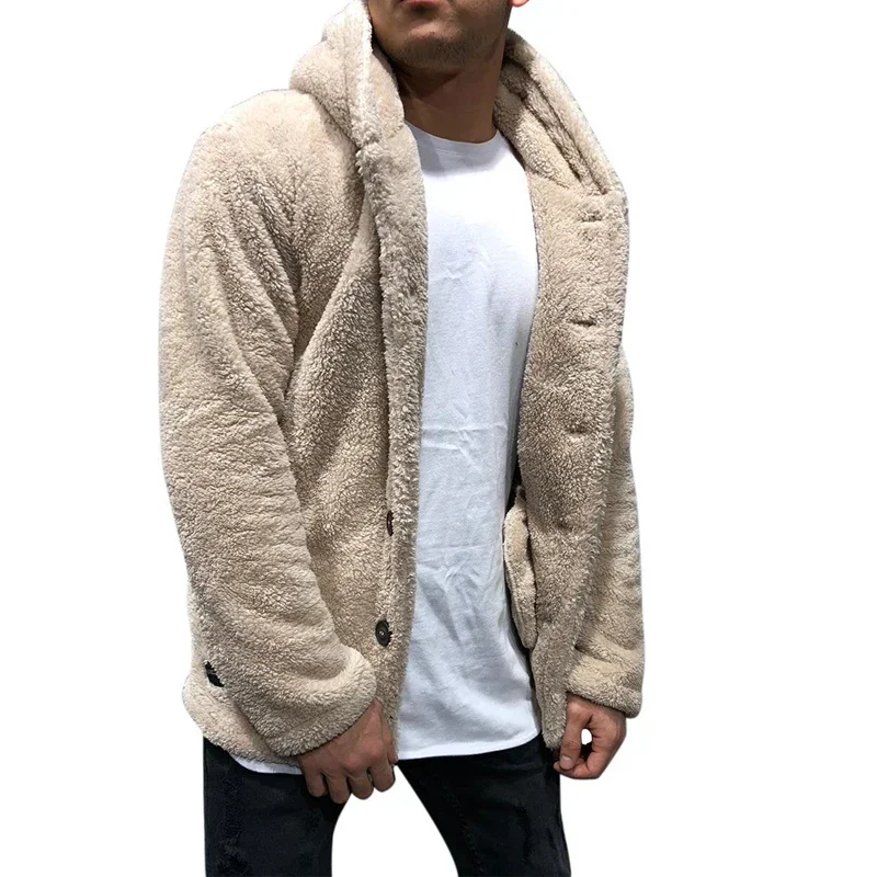 Casaco de lã de urso de pelúcia masculino cardigan inverno quente casaco com capuz moda cor sólida manga longa bolso botão com capuz casaco quente