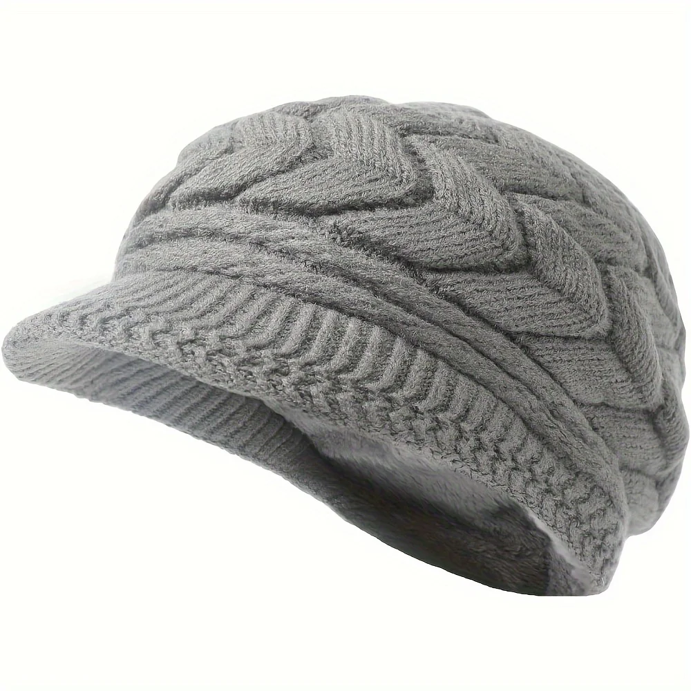 Chapéus de malha de inverno com aba de viseira, forro duplo macio para mulheres, gorros quentes e elegantes, bonés de neve desleixados, 1 peça