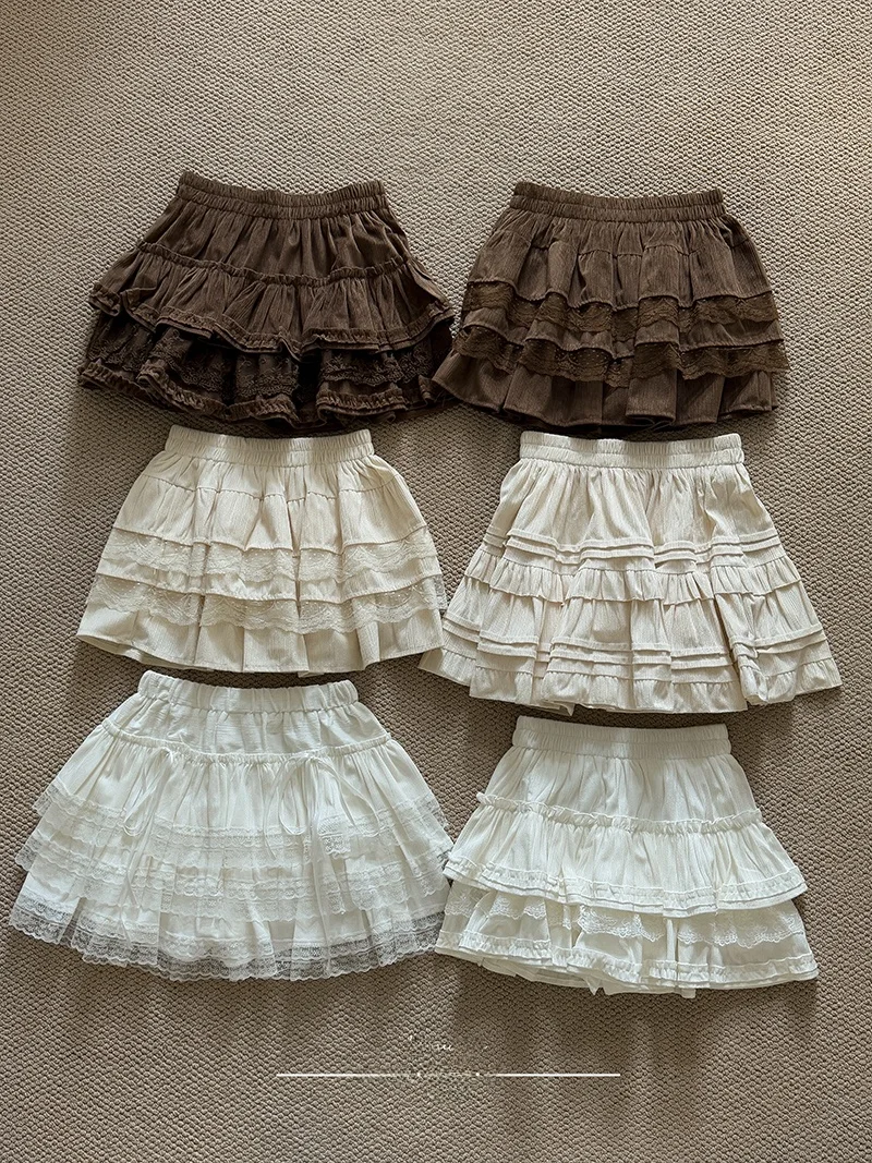Falda Corta de Encaje Dulce, Estilo Ballet Blanco, Falda  de Media Longitud para Niñas, Falda de Cintura Alta con Corte e...