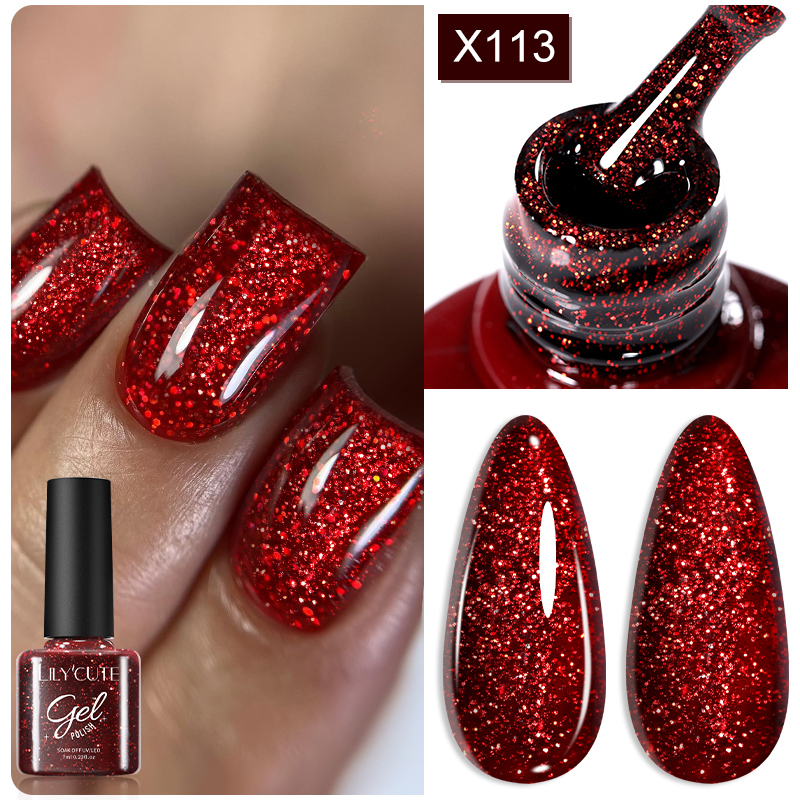 LILYCUTE 7ml Sparkling Red Gel Nail Polish Glitter Sequins Nail Gel Varnishes Semi-permanent Soak Off UV LED Nail Art Manicure