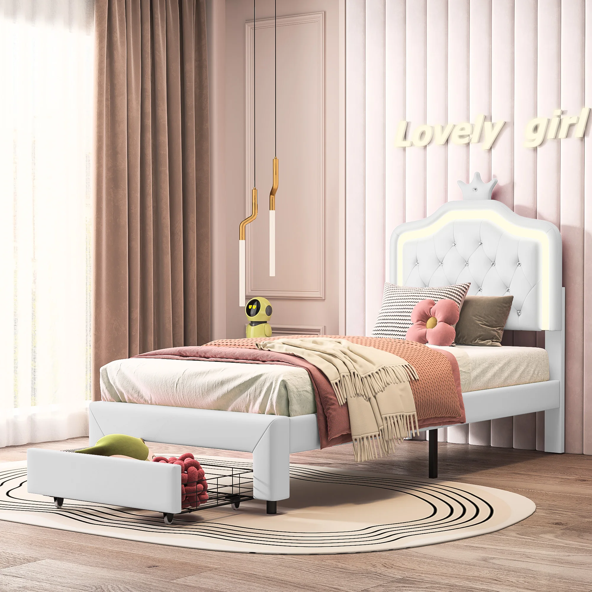 Letto per bambini, letto singolo piatto 90*200cm, letto principessa a forma di corona, rivestimento in morbida pelle PU, striscia luminosa ambientale a LED regolabile