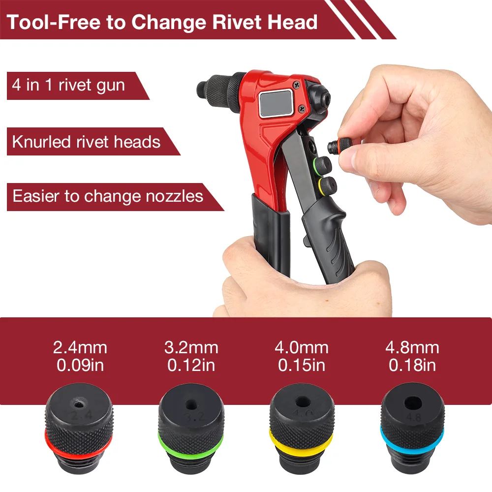 Pistolet à riveter manuel 2,4 mm/3,2 mm/4,0 mm/4,8 mm, outil de rivetage rapide à faire soi-même, avec 4 têtes de rivet interchangeables et 80 rivets, ensemble d'outils de pistolet à riveter aveugle