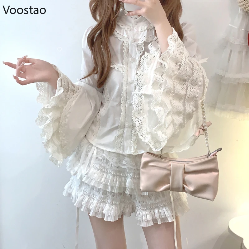 Victorian Elegant Lolita เสื้อผู้หญิง Harajuku Gothic Y2k ลูกไม้ Ruffle Flare แขนเสื้อผ้าฝ้ายหญิง Vintage Blusas Mujer Top