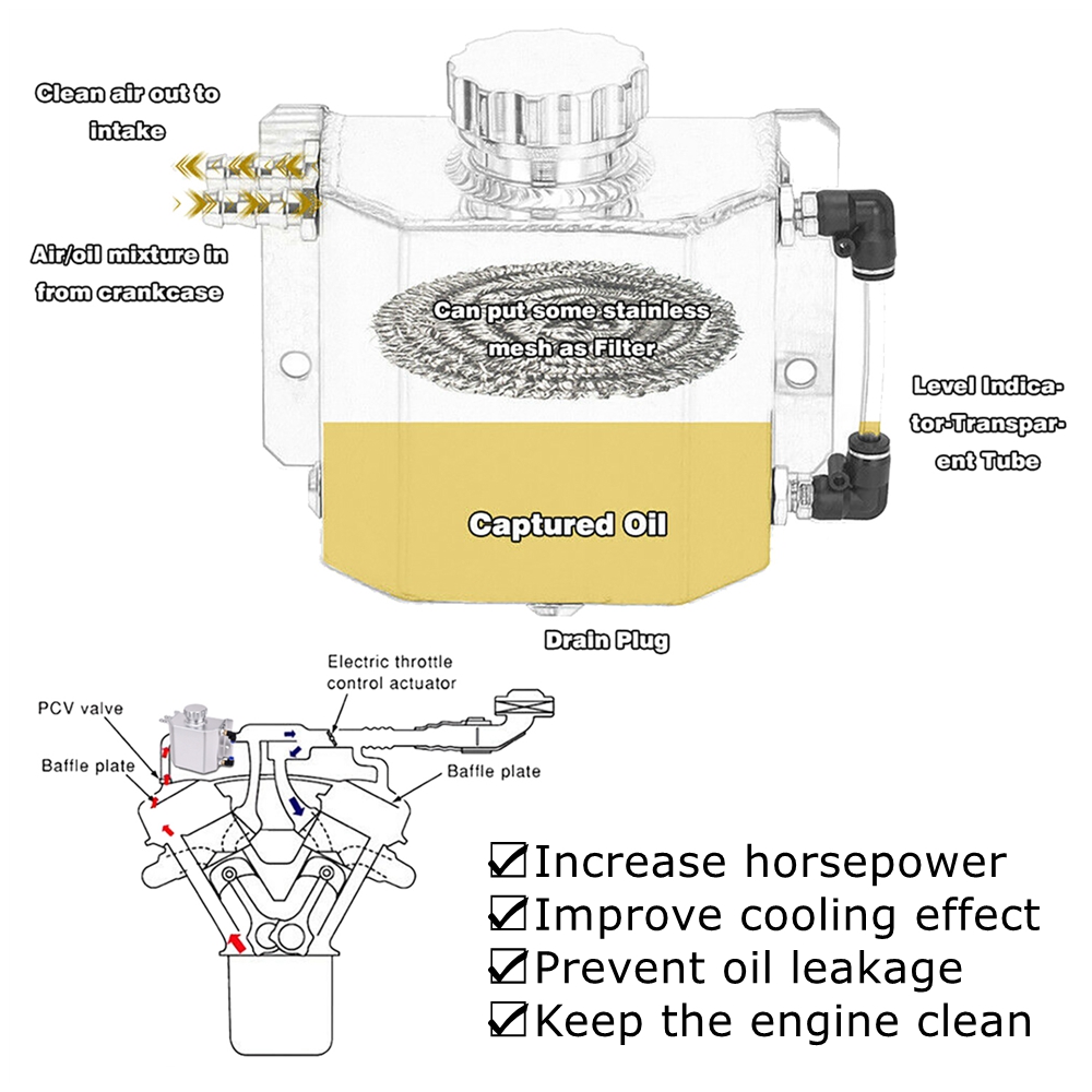 Universele 1L/2L Aluminium Olie Catch Kan Reservoir Tank Koelvloeistof Radiator Overloop Olie Brandstoftank Met Aftapplug ontluchter
