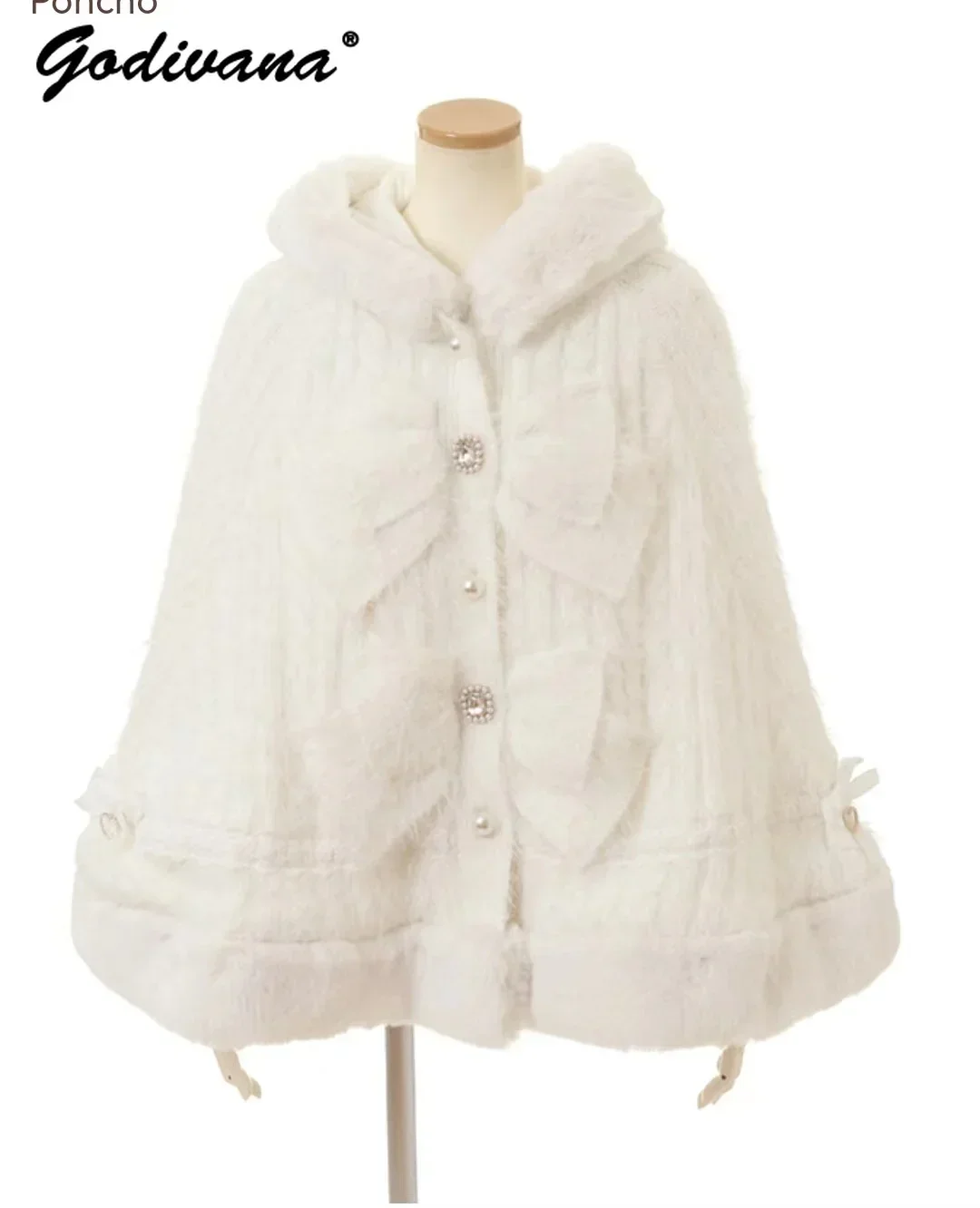 Japanischer, süßer, weicher, dicker Damen-Strickmantel mit doppellagigem, großem Band und Kapuze, 3-farbig, Herbst- und Winter-Ponchos, warme Jacke