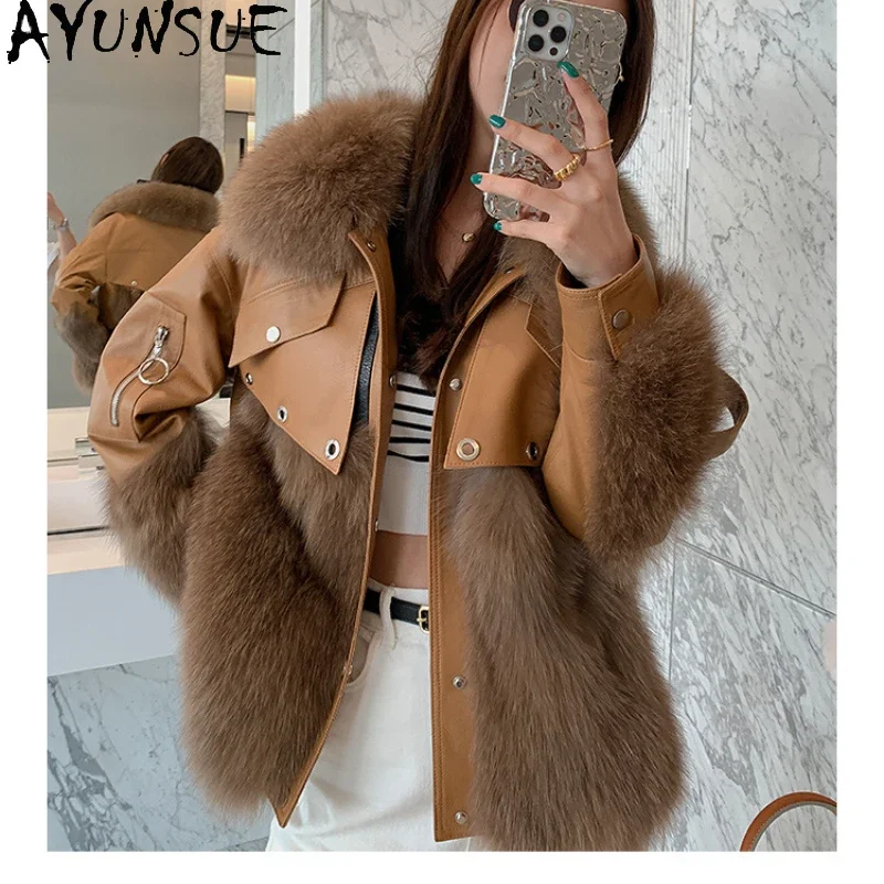 AYUNSUE-Chaqueta de piel de oveja auténtica para mujer, abrigos de plumón de pato blanco, abrigo de piel de zorro Real, chaquetas sueltas de piel de moda, Invierno 2023, 90%