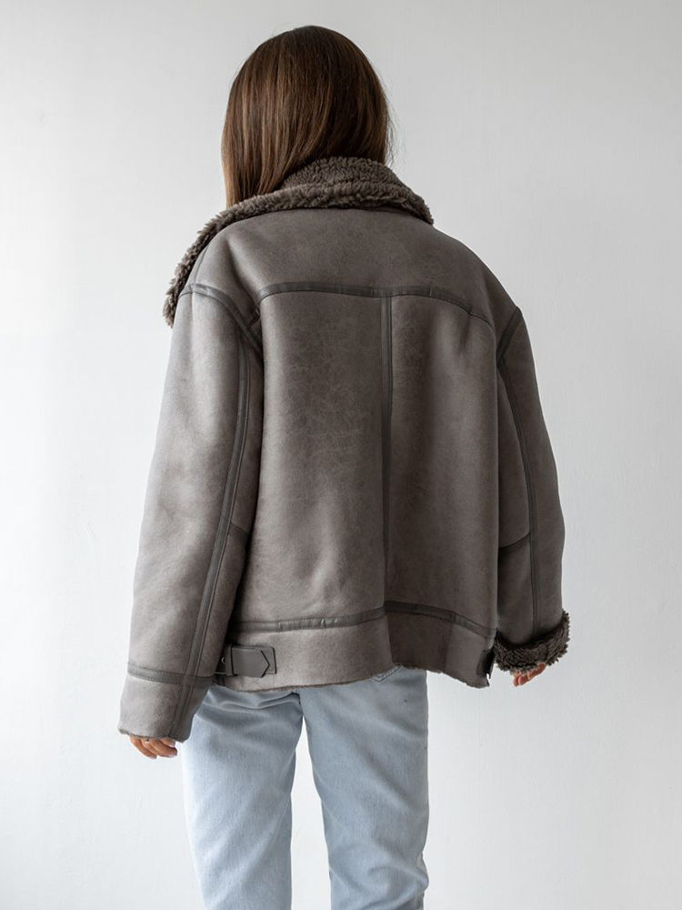 Ailegogo 秋冬女性ルース厚く暖かいフェイクスエードレザーファージャケットストリート女性ヴィンテージスプライシングコートシックな生き抜く