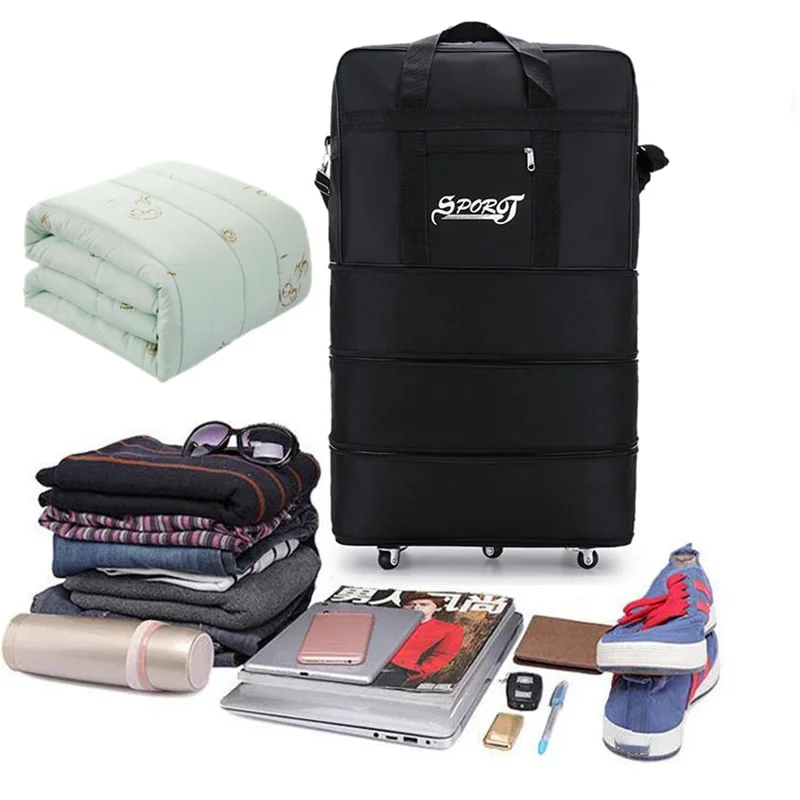 Travelling Pack Wheels für Damen und Herren, erweiterbares, faltbares Trolley-Gepäck, vielseitiger schwarzer Koffer für Wochenendausflüge