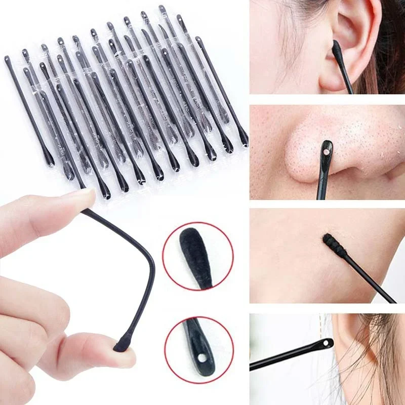 Dùng Một Lần Đầu Đen Loại Bỏ Tăm Bông 10/20 Chiếc 2 Đầu Dụng Cụ Lấy Ráy Tai Mụn Vệ Sinh Đa Năng Đóng Gói Riêng Biệt Tăm Bông Đầu