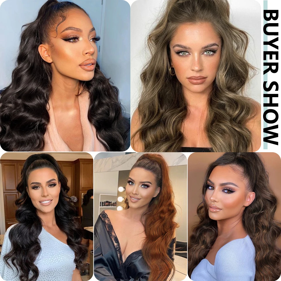 แข็งแรงสังเคราะห์ยาวหยัก Drawstring หางม้าสําหรับผู้หญิงสังเคราะห์ WAVE Hair EXTENSION คลิปใน Hairpiece ผมปลอมสีดํา