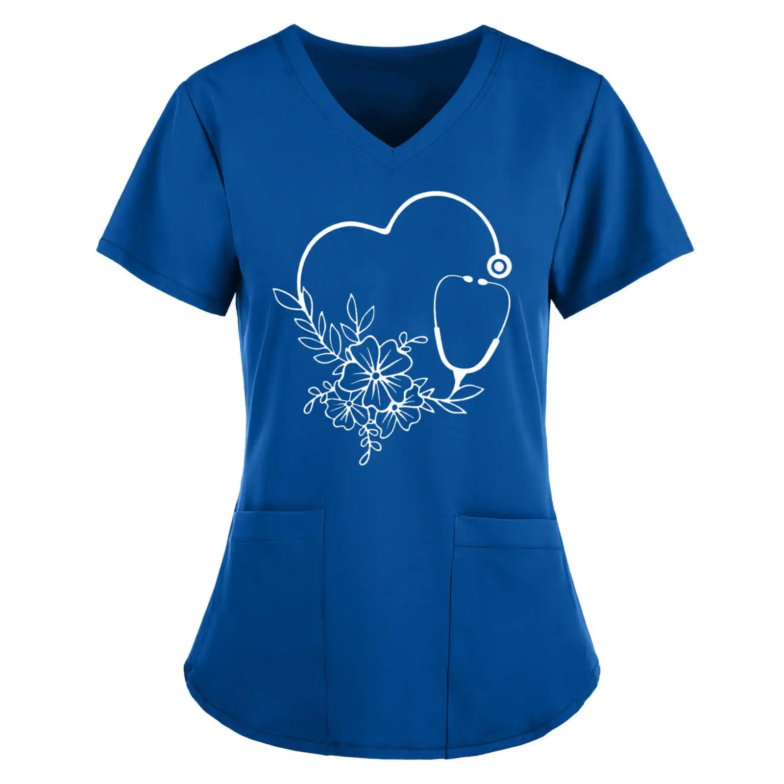 เครื่องแบบผ่าตัดผู้หญิงสีทึบ Heart Healing พิมพ์พยาบาลผู้หญิง V คอแขนสั้น Patch กระเป๋าด้านบนผู้หญิงขัด