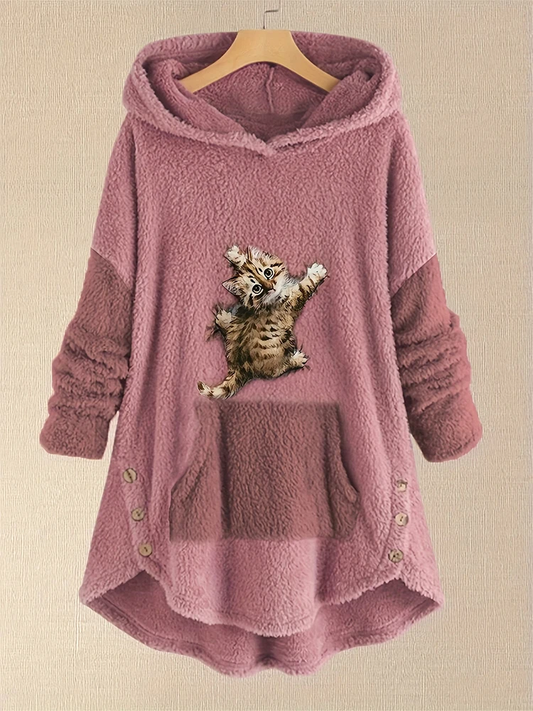 Plus Size Herbst/Winter Neuheiten Damen Herbst/Winter Drop-Shoulder Langarm Color-Block Patchwork Fleece Kapuzenjacke