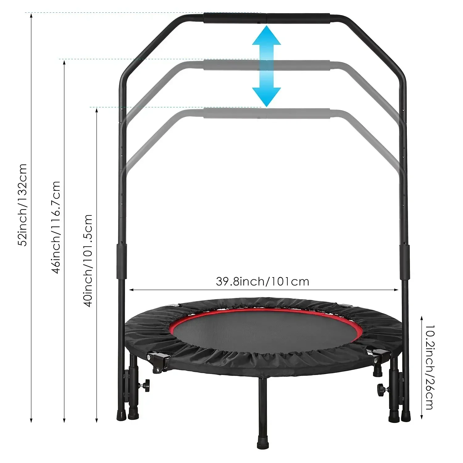 Trampoline Folding Mini Fitness Indoor Exercise Workout Rebounder 101cm with Adjustable Handle, Workout Max Load 150Kg