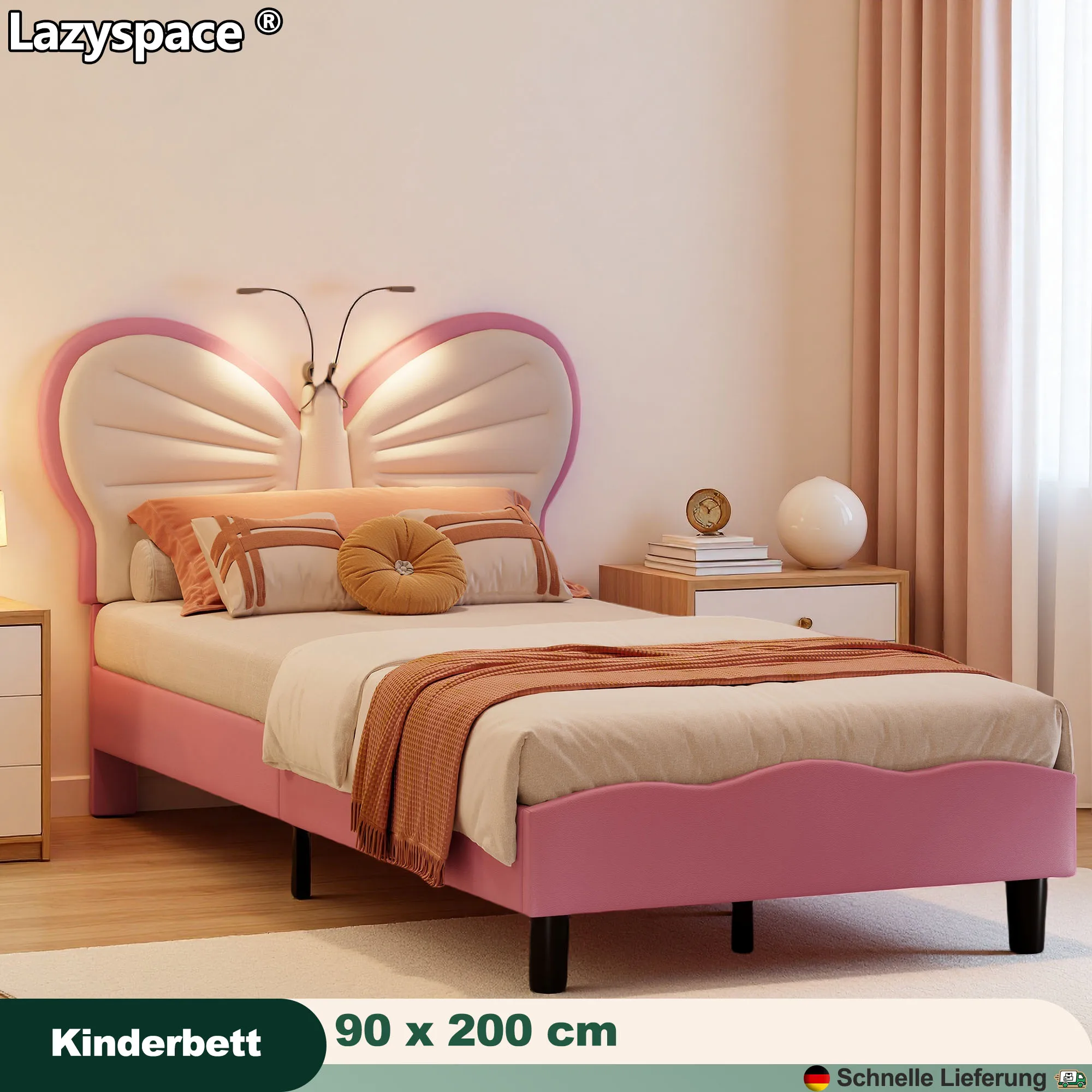 Łóżko dziecięce Lazyspace z zagłówkiem w kształcie motyla i lampką do czytania LED, tapicerowane aksamitem, ramę łóżka pojedynczego 90x200 cm dla dziewczynki