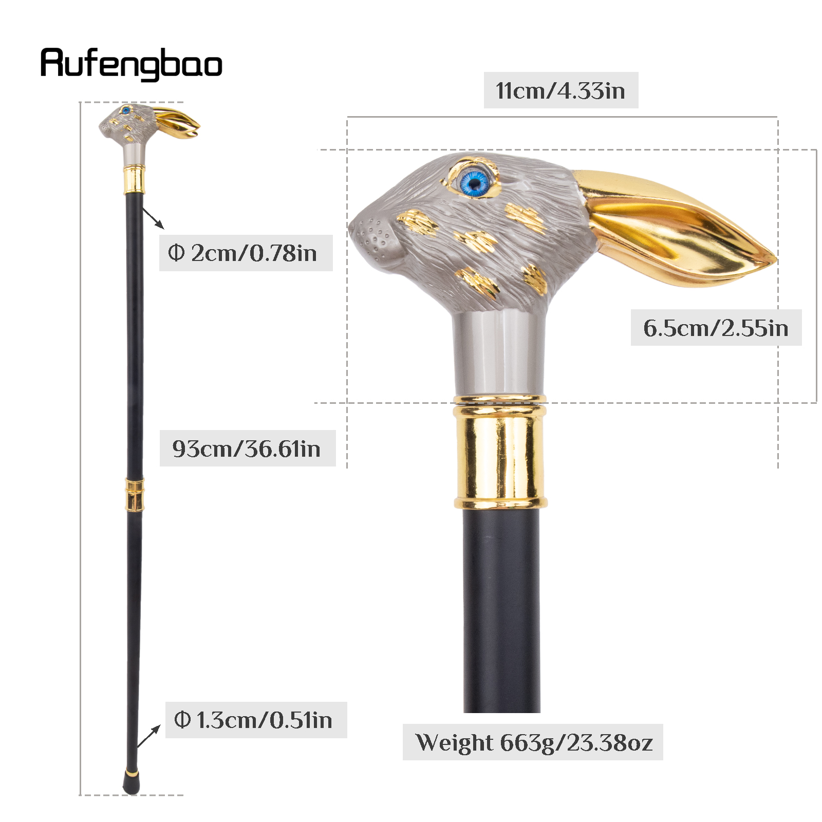 Prata dourado coelho longo orelha cavalheiro bengala moda bengala cavalheiro crosier botão bengala 93cm