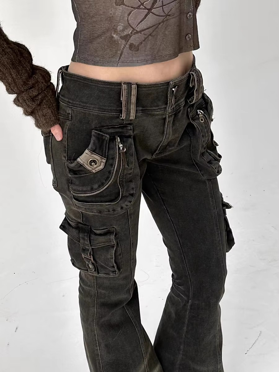 REDDACHiC Dual-Button Laagbouw Vrouwen Cargo Broek Grunge Rits Decor Zakken Doen Oude Snorharen Flare Jeans Grayu Y2k streetwear